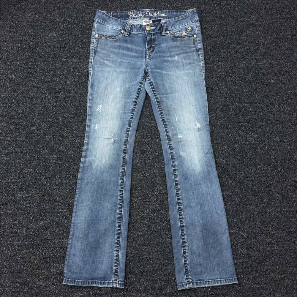 Harley-Davidson Low Rise Bootcut Jeans Womens Size 6 Blue Distressed Embellished
